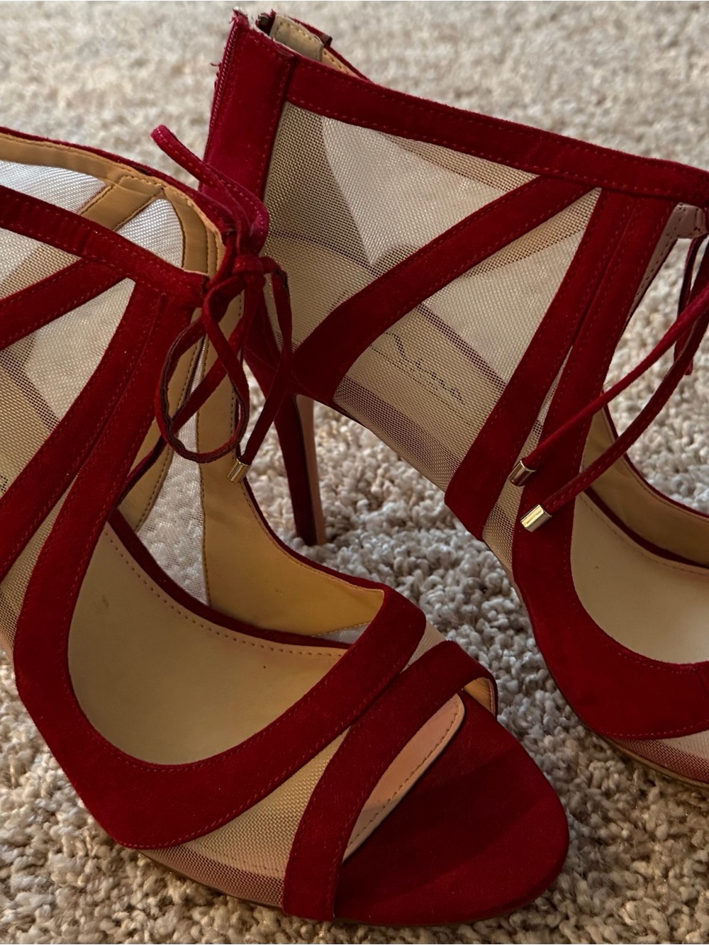 Nina Red Suede Mesh Lace-Up Stiletto Sandals